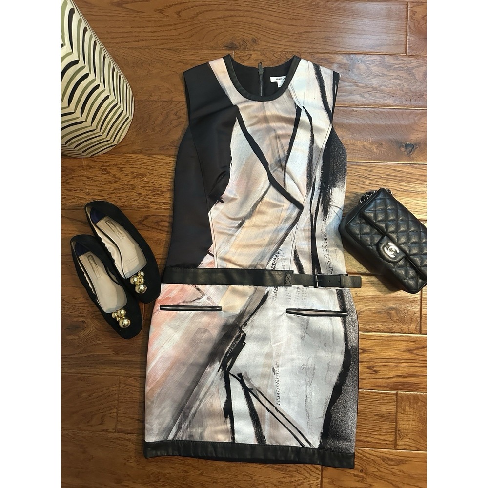 HELMUT LANG Abstract Graphic Mini Dress w/ Leather Belt & Trim USA Made Size 2